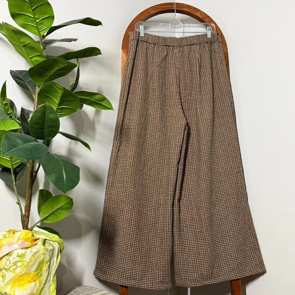 SHEIN 0XL Brown Wool Blend Houndstooth Elastic Waist Wide Leg Trouser Pants NEW - Picture 2 of 7